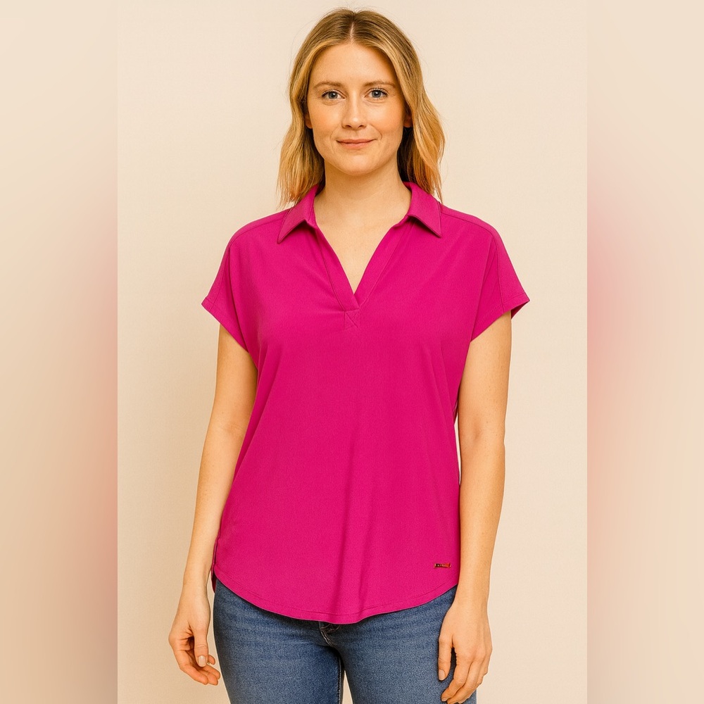 Jones New York Magenta Collared Blouse Short Sleeve V-Notch NWT